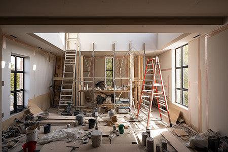 一個正在建造的房間,有兩個梯子、散落的工具以及未完成的牆壁和天花板。陽光透過窗戶和天窗照射進來。