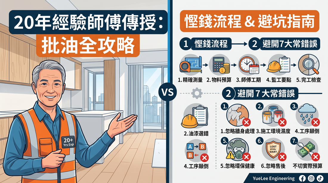 一名身穿安全背心的男子正指著以中文書寫的居家裝修小技巧，其中包含流程圖和圖示，用以避免常見錯誤。.