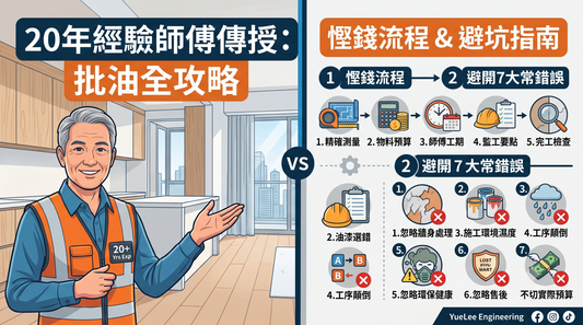 一名身穿安全背心的男子正指著以中文書寫的居家裝修小技巧，其中包含流程圖和圖示，用以避免常見錯誤。.