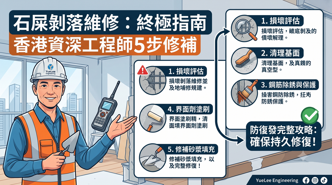 一名身穿安全裝備的建築工人手持對講機。圖解步驟說明混凝土剝落處的修補方法，附有中文文字說明與示意圖。背景中可見一堵已修補好的牆壁。.