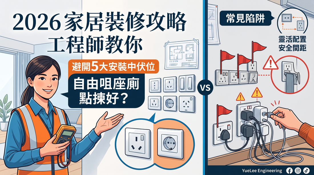 一幅插圖，描繪一名工程師正在解說 2026 年的居家裝修要訣，圖中展示室內環境中正確與不正確的電源插座設置、配線圖以及安全建議。.
