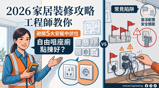 一幅插圖，描繪一名工程師正在解說 2026 年的居家裝修要訣，圖中展示室內環境中正確與不正確的電源插座設置、配線圖以及安全建議。.