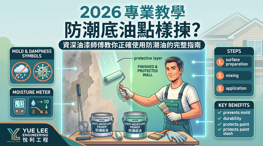 一名身穿工作褲的男子正在示範如何在牆面上塗刷防黴保護漆，旁邊標有圖示說明表面處理步驟及防潮保護的優點。.