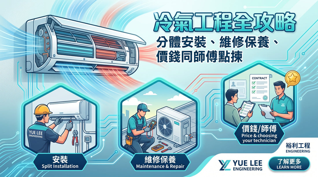 一幅關於空調服務的插圖，內容包含安裝、保養、維修、透明定價，以及一名技術人員與客戶握手的情景，圖中附有中英文文字說明。.