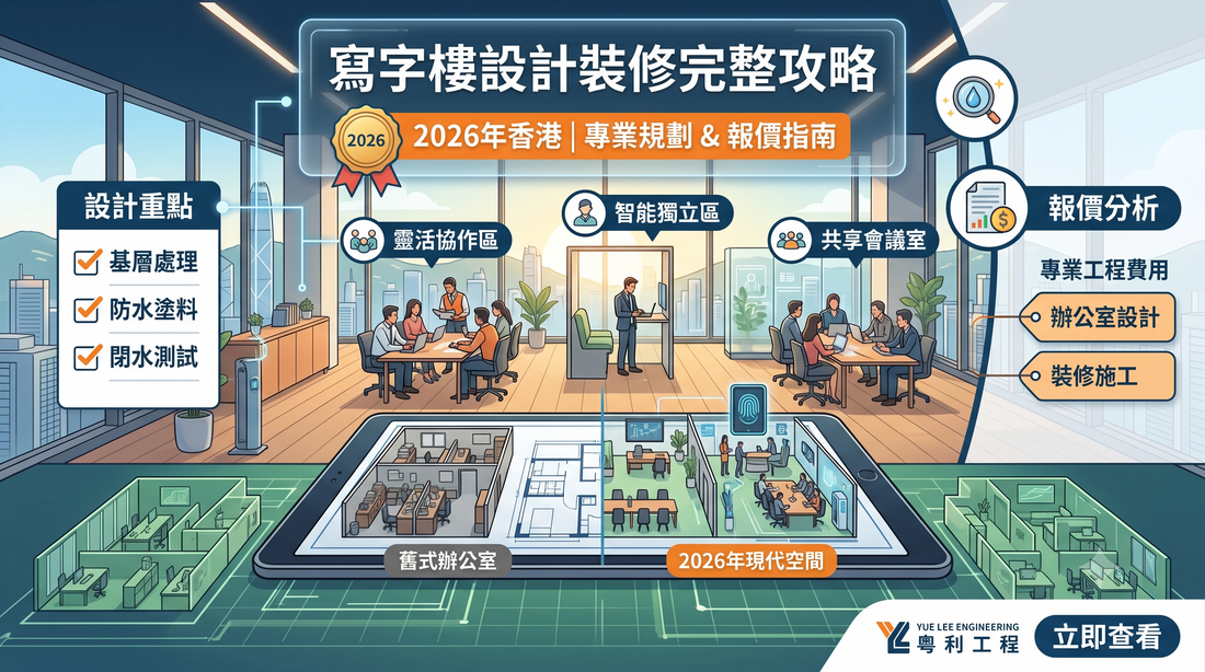 2026年香港辦公室設計要訣資訊圖表；內容包含辦公室插圖、設計重點領域、時程表及財務分析，以中文呈現。.