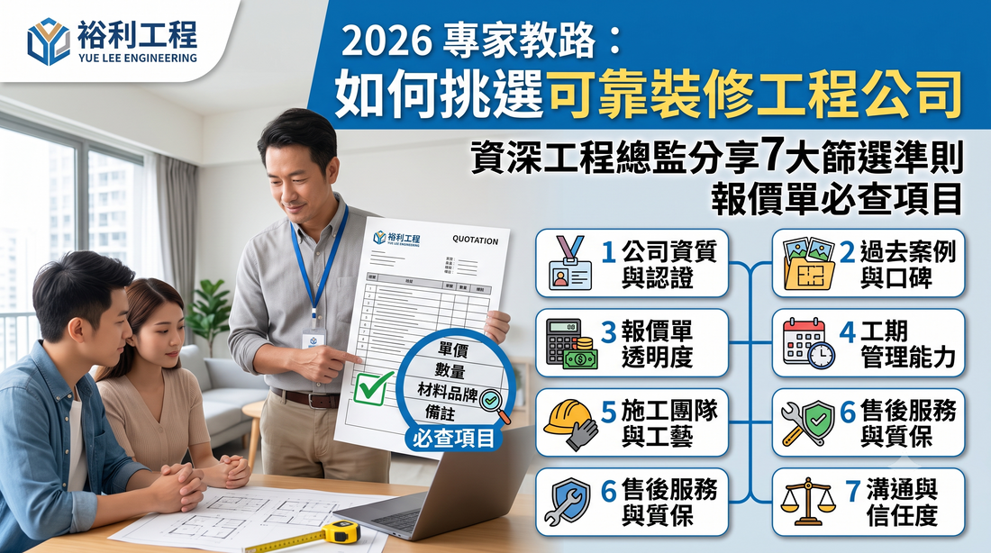 一份中文資訊圖表，內容包含2026年挑選可靠裝修公司的檢查清單，列出七項經專家認可的標準及報價必備項目，並為每個要點配有圖示。.
