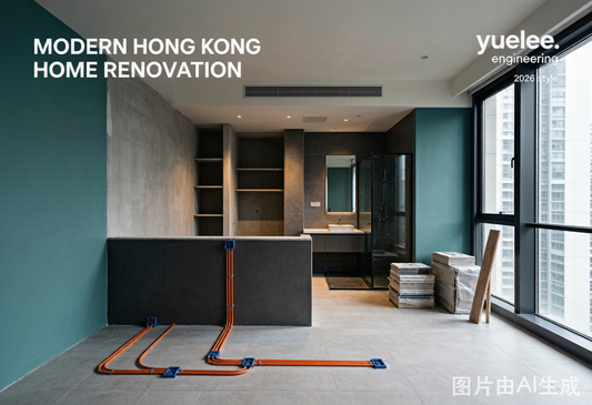 現代香港家居室內裝修工程現場：展示浴室區域防水層施工、全新電線喉管鋪設及整齊擺放的工程材料，由專業裝修工程團隊打造