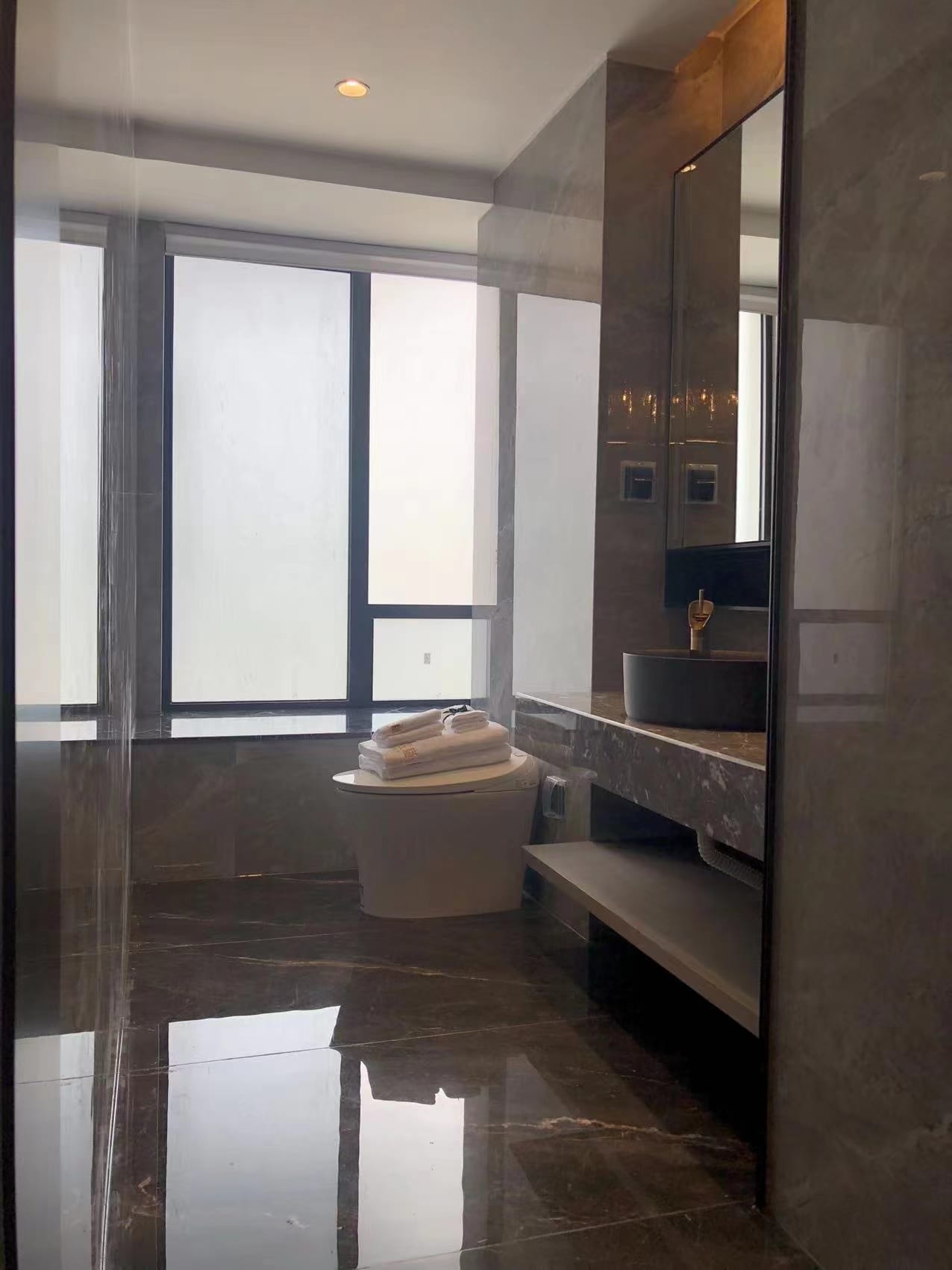 愉景灣海峰徑浴室，配有裕利工程設計的水槽、馬桶和鏡子。